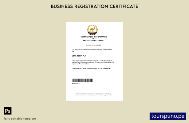 listo para imprimir Plantilla de certificado de registro de Eritrea Plantilla de
